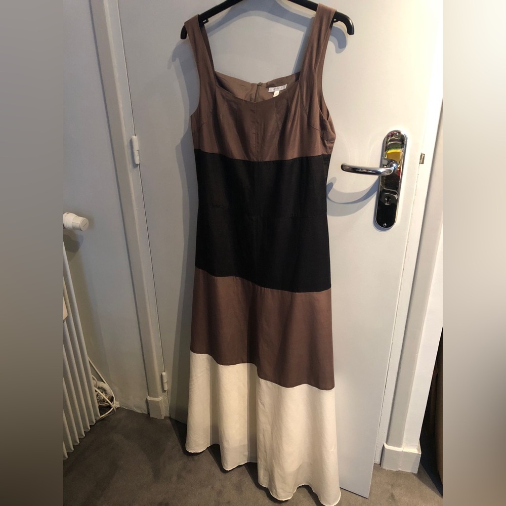 MAISON 123 Dress Womens 8 Maxi Long Black Brown White Cotton/Silk Lined NEW NWOT